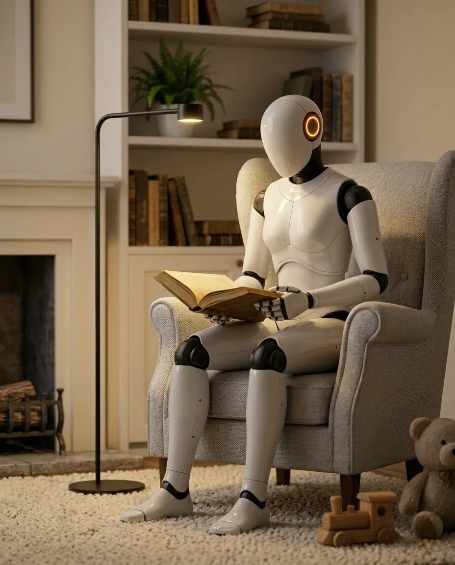 A humanoid robot reads a book in an armchair by the fire