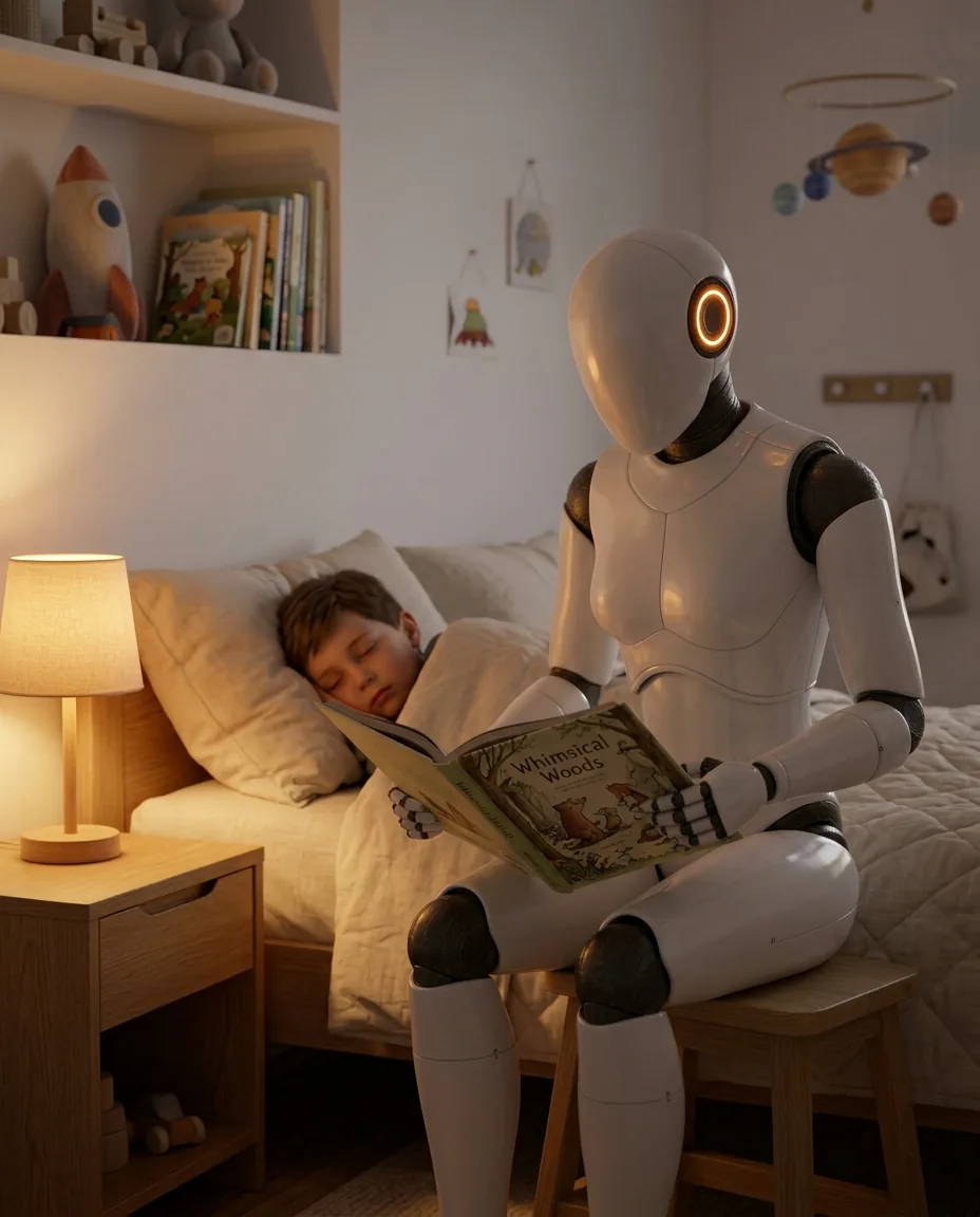 A humanoid robot reads a bedtime story to a sleeping boy
