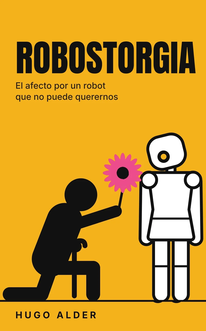 Portada de Robostorgia, de Hugo Alder: una persona arrodillada ofrece una flor a un robot humanoide.