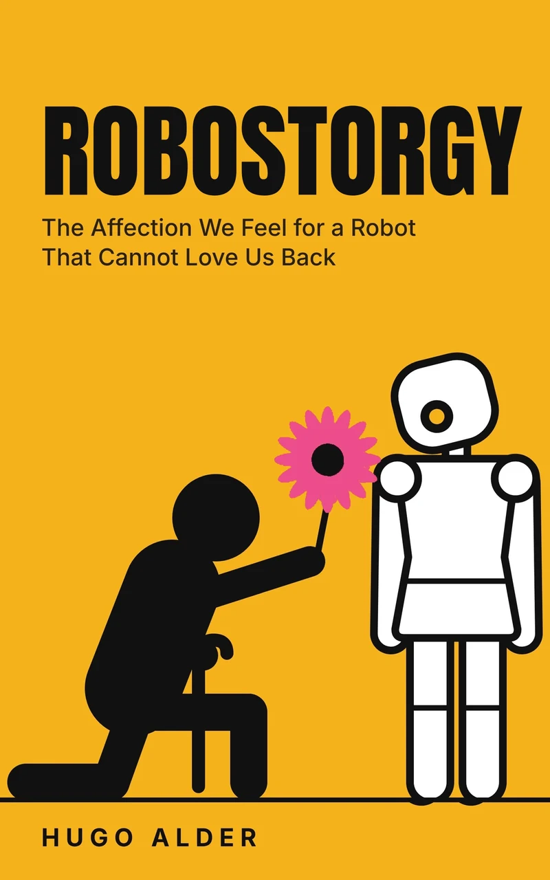 Cover of Robostorgy, by Hugo Alder: a kneeling person offers a flower to a humanoid robot.