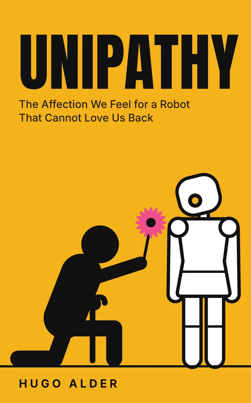 Cover of Unipathy, by Hugo Alder: a kneeling person offers a flower to a humanoid robot.