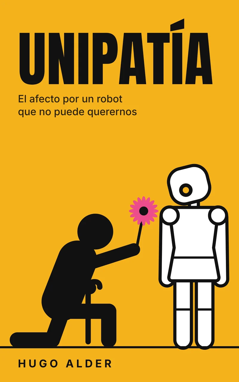 Portada de Unipatía, de Hugo Alder: una persona arrodillada ofrece una flor a un robot humanoide.