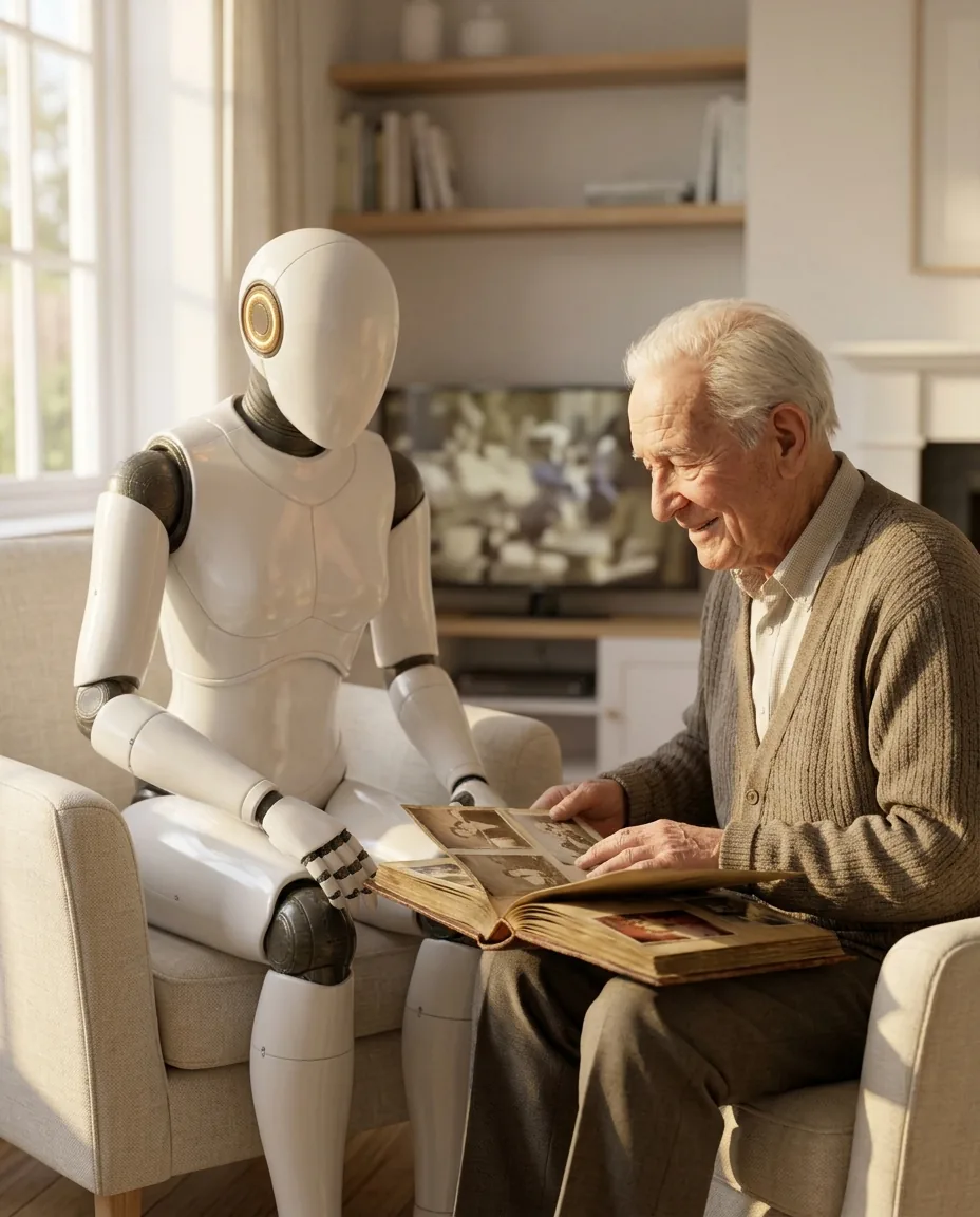A humanoid robot looks through a photo album with an elderly man