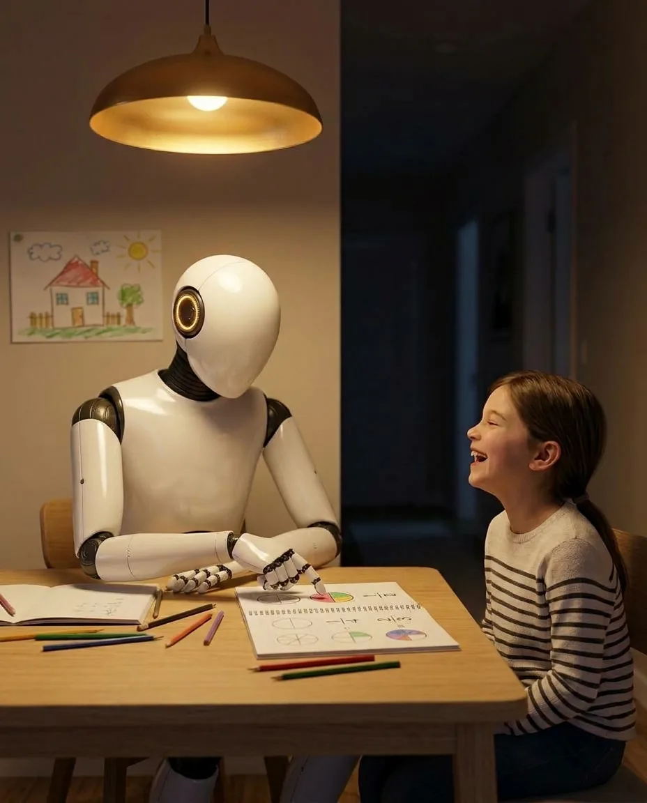A humanoid robot helps a girl with her homework at the dining table