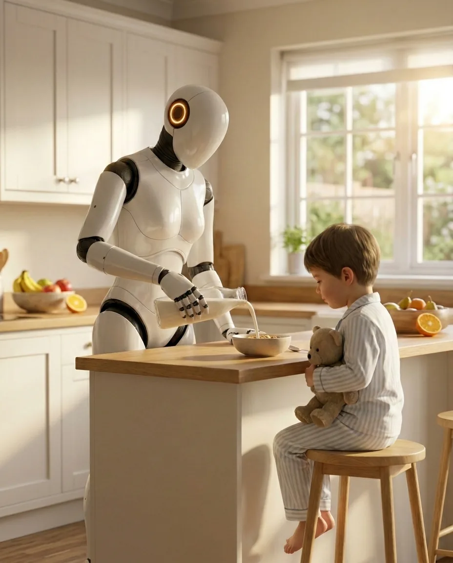 A humanoid robot pours milk into a boy's cereal bowl in a sunny kitchen