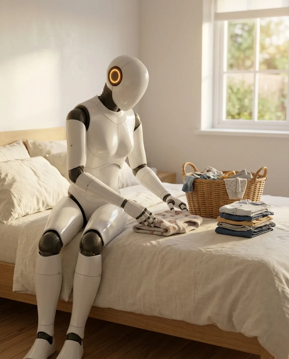 A humanoid robot folds a child's sweater on a bed